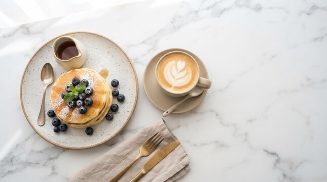Fluffy Pancake Stack with Blueberries and Latte on Marble Surface, Weekend Brunch Lifestyle Concept