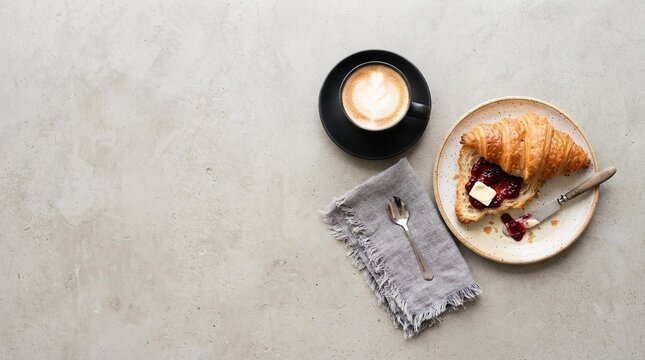 Fresh Croissant with Jam and Coffee on Concrete Table, Minimalist Breakfast Flat Lay for Social Media Marketing