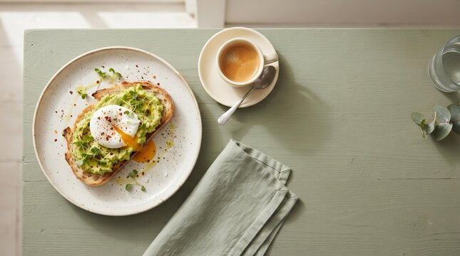 Avocado Toast with Poached Egg on Sage Green Table, Healthy Weekend Brunch Concept for Social Media