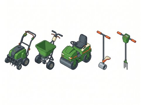Set of lawn care and gardening equipment lawn aerator fertilizer spreader ride on lawn roller soil core sampler digital soil tester vector illustration

