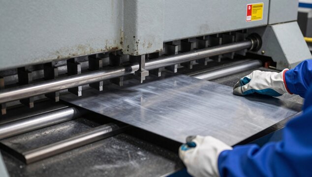 Worker wearing gloves operates a metal sheet cutting machine in a factory setting
