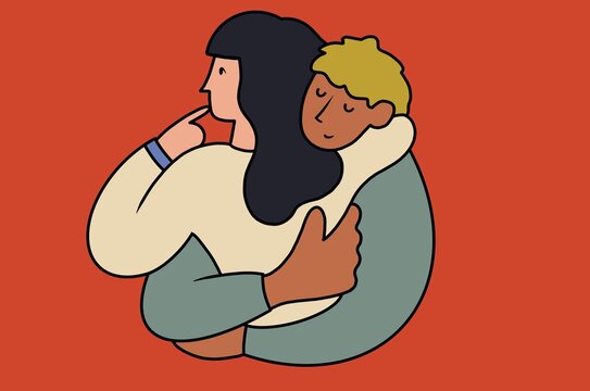 A couple embrace, with differing outlooks