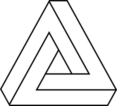 Impossible triangle Y2K design element in black outline, isolated on transparent background PNG. Optical illusion symbol for retro futuristic graphics, posters and digital art. Design element sign
