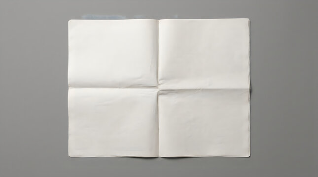 Blank folded newspaper mockup template spread flat on a plain grey surface for design presentation