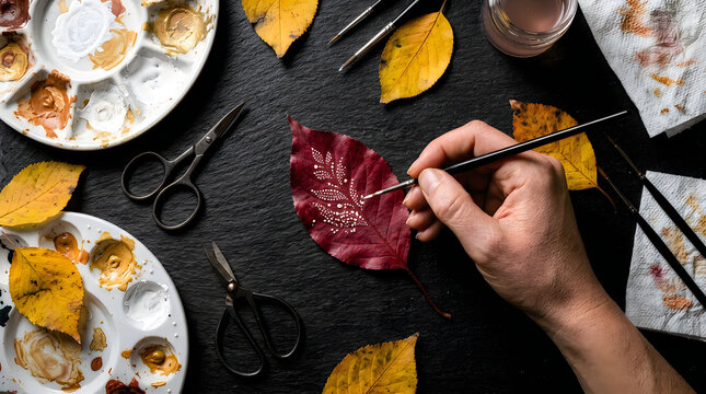 Artist hand painting white patterns on a dry autumn leaf with a brush on a dark black table