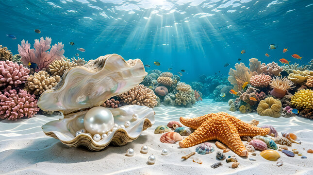 Beautiful shiny white pearl inside an open shell with a starfish on the sandy ocean floor