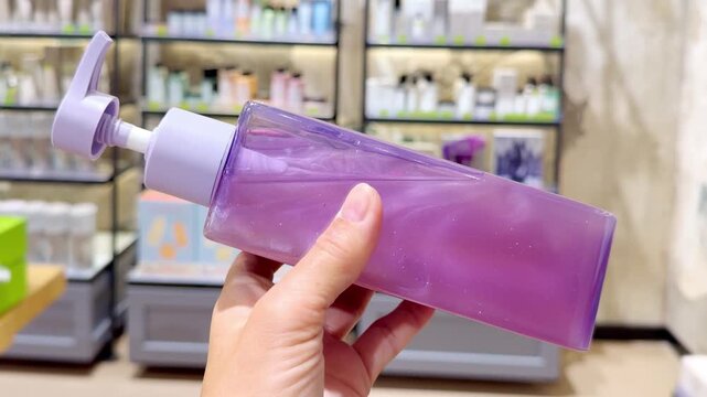 Hand Holding Shampoo Bottle and Hair Care Box in Cosmetics Store &ndash; Hair Oil, Tinted Balm and Conditioner Against Hair Care Shelves