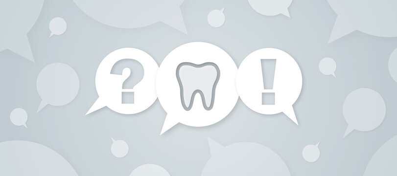 A digital graphic designed as a dental FAQ element featuring speech bubbles with a tooth symbol, a question mark, and an exclamation mark on a light background.