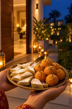 A plate of Indian festival sweets with kaju katli and ladoo