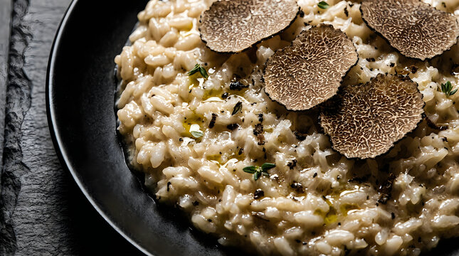 Creamy mushroom risotto with fresh truffle slices served in a black pan on a rustic wooden table