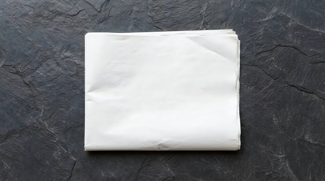 Blank white newspaper mockup placed on a dark grey textured stone table surface from above