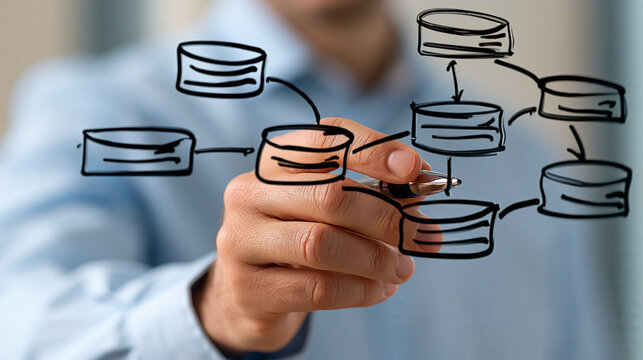 Business analyst drawing relational database tables on a transparent board, connected entities, SQL architecture, data modeling, information systems design, enterprise analysis,