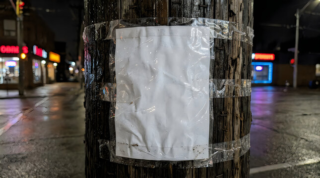 Blank white paper poster attached to a dark city street pole at night with blurred shop lights