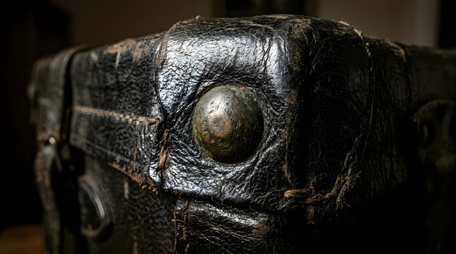 Close up shot of a mysterious dark metallic robot eye looking forward in a dim shadowy setting