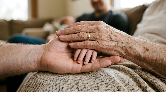 Close up of an elderly person holding hands with a younger adult for support and comfort at home