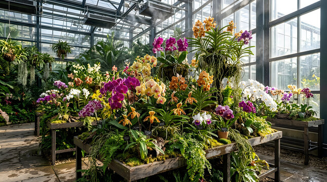 Colorful flowers growing in pots on tables inside a bright industrial glass greenhouse building