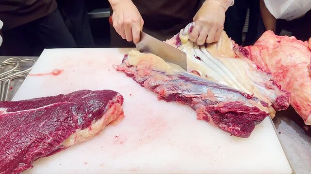 Butcher Hands Cutting Beef into Pieces and Thin Slices &ndash; Meat Shop Preparation