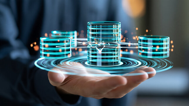A developer holding a luminous holographic database model with connected relational tables, entity relationships, structured records, enterprise data architecture, SQL