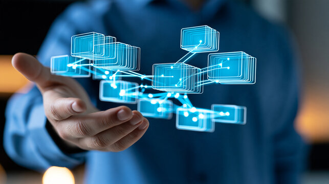 A developer holding a luminous holographic database model with connected relational tables, entity relationships, structured records, enterprise data architecture, SQL