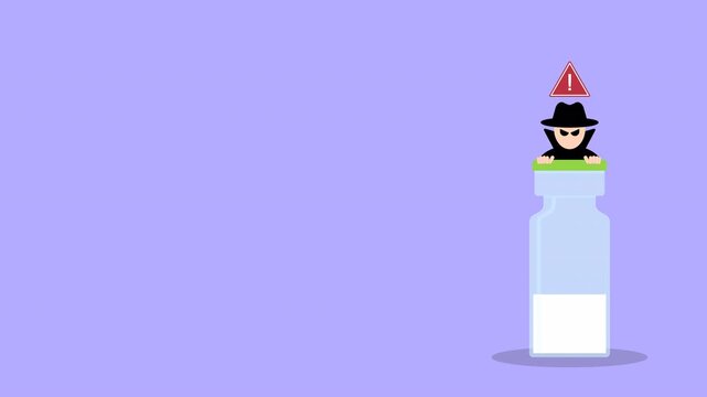 Fake peptide vial. Peptide with criminal selling illegal drugs. Fake drugs, pharmaceutical. Symbolic for harmful counterfeit pills, risk and danger of illegal produced and sold pharmaceuticals.