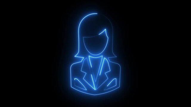 Blue neon business woman profile icon on dark background, glowing female symbol.