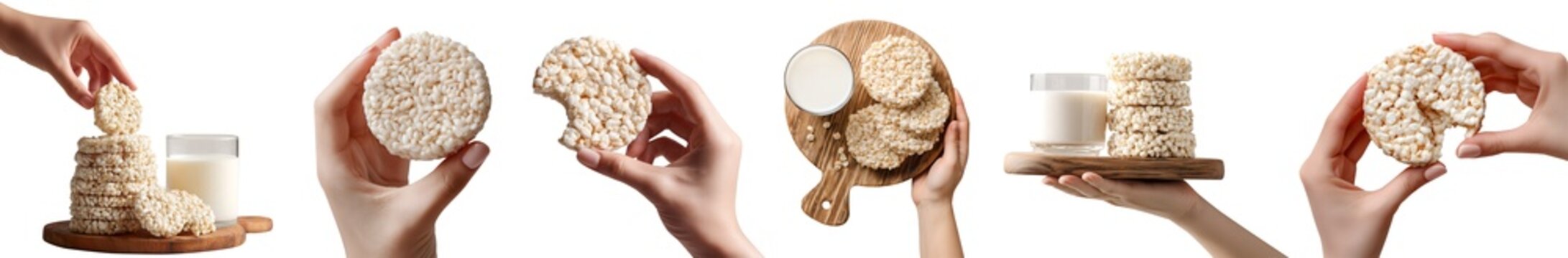 Set of hand holding puffed round circle rice grains cake, staple diet food treats snack, serving board with milk, pile group stack halved bitten broken, transparent cutout PNG. Many style Mockup
