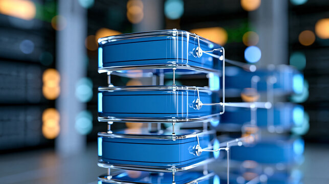 Relational database tables visualized in front of a server room, connected table schemas, SQL programming, database design, structured data storage, web hosting, enterprise
