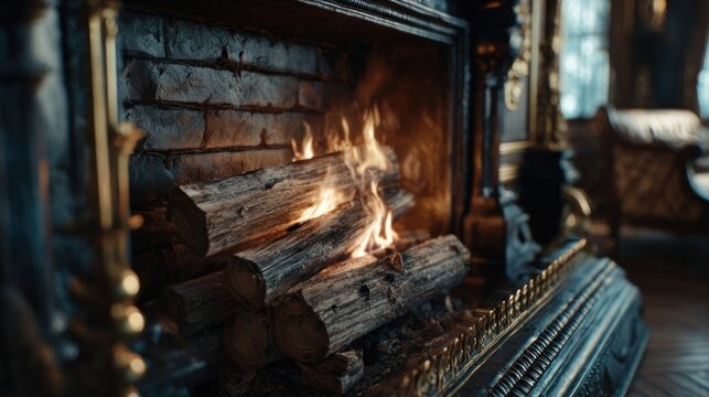 rustic yule log burning in a luxurious mansion,