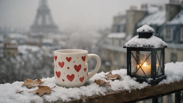 Romantic winter scene in Paris featuring a heart patterned coffee mug and glowing lantern on a snowy balcony overlooking the Eiffel Tower.