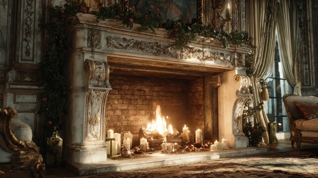 rustic yule log burning in a luxurious mansion,
