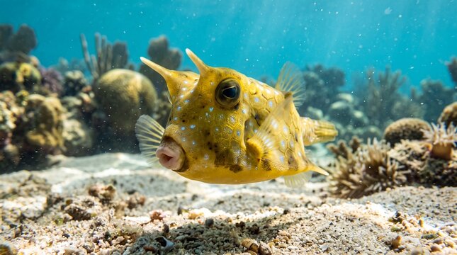 cute yellow longhorn cowfish (lactoria cornuta) hovering above sandy coral seabed