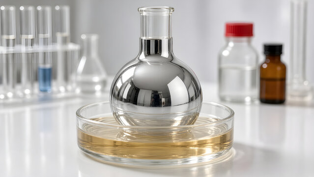 Tollens silver mirror reaction, round bottom flask coated with a reflective silver layer in a warm water bath in a chemistry lab