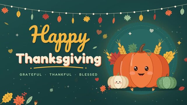 Happy Thanksgiving animation with cute smiling pumpkin blinking and bouncing, small pumpkins, hanging autumn leaf garland, golden wheat and floating hearts on dark teal background, flat vector loop
