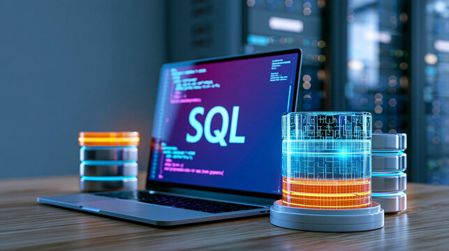 SQL programming code displayed on a computer screen beside digital database storage and server racks, structured query language, data retrieval, backend development, database