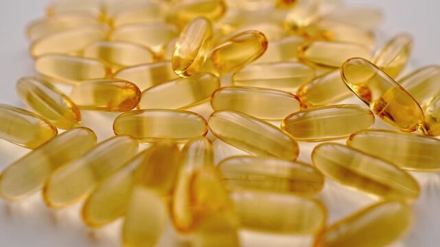 Golden softgel capsules are arranged in a random pattern, highlighting their translucent appearance and smooth finish. Such capsules are popular in modern dietary and nutritional trends