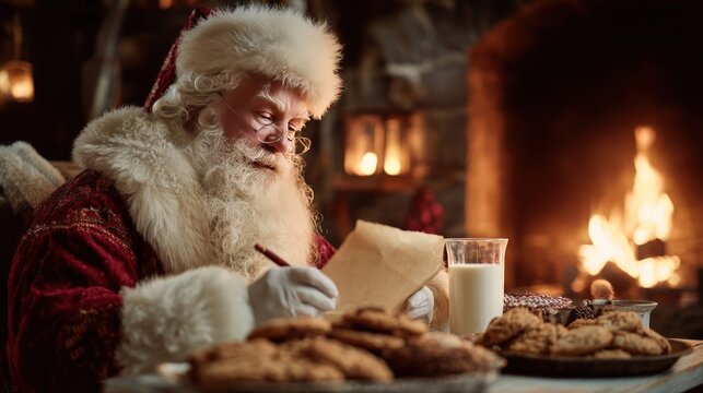 Santa Claus checking his list beside a roaring fire, cookies and milk on table,