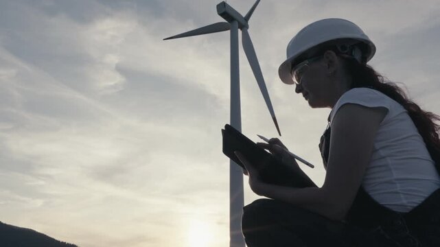A woman engineer inspects wind energy equipment with a tablet, highlighting innovation in green technology. The scene captures sustainable development and eco friendly power generation
