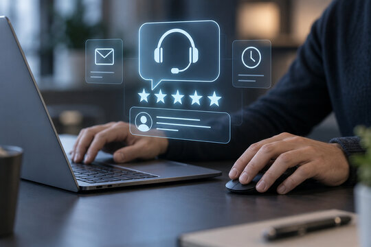 Hands on laptop with support chat headset and star ratings