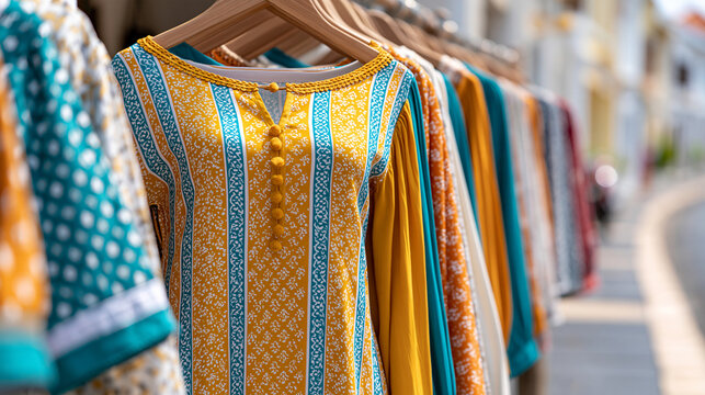 Traditional Peranakan-inspired dresses displayed along a historic street in Phuket Old Town, intricate textile patterns, colorful garments, cultural heritage, local fashion