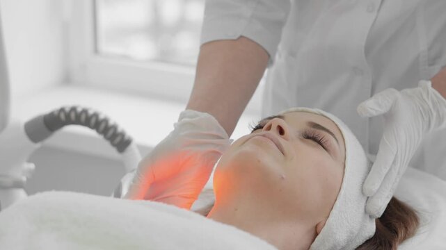 Closeup of a female client undergoing a laser therapy session for facial rejuvenation in a clean, clinical environment. The scene emphasizes innovation and effective skincare solutions
