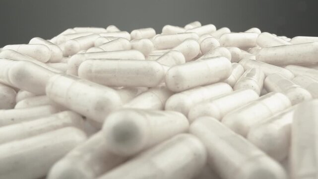 Numerous white capsules are scattered in a heap, representing modern supplements or medication. The image focuses on health, wellness, and pharmaceutical industry trends