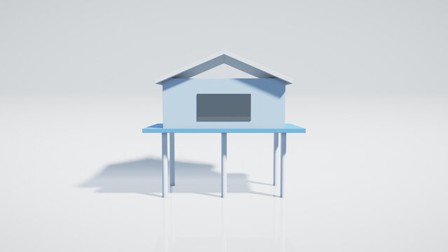 Sky blue stilt house above water, flood adaptive, 3D render