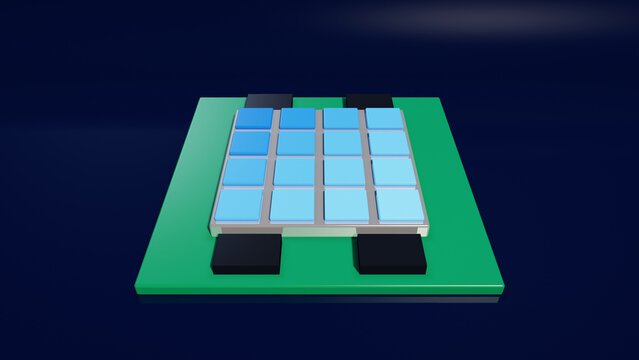 Midnight blue GPU die on circuit board with memory chips, 3D render