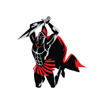 Fierce Spartan warrior mascot wearing a helmet and red cape, holding a sword overhead in bold athletic style.