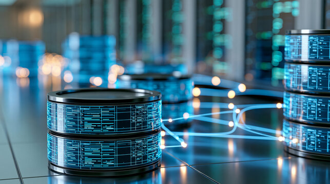 Multiple database storage cylinders connected to relational table schemas in a futuristic server room, enterprise SQL architecture, structured information, digital storage,