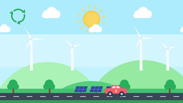 Sustainable Green Energy Landscape with Wind Turbines, Solar Panels, Electric Car and Recycling Symbol