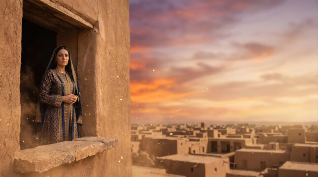 A Queen Looking Toward the City from Palace Window at Sunset