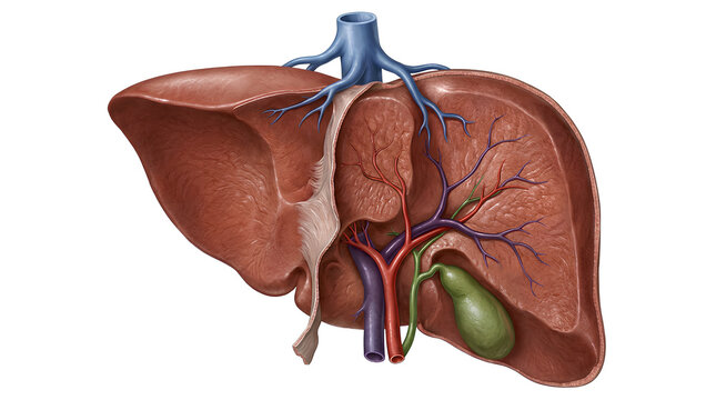 Detailed anatomical illustration of the human liver with associated blood vessels and gallbladder highlighting internal