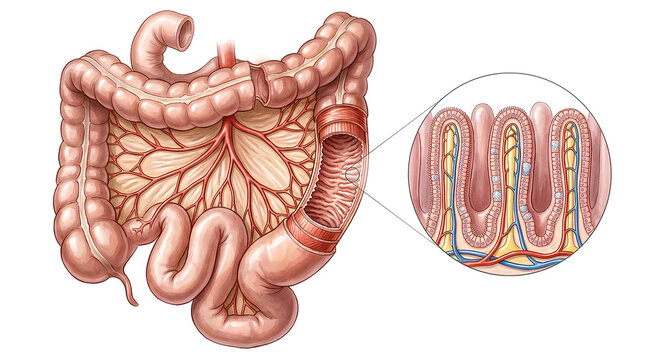 Detailed anatomical illustration of the human large and small intestines highlighting internal structures and microvilli for