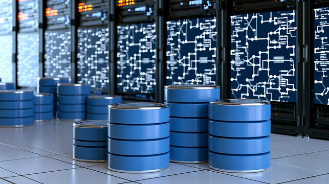 Multiple database cylinders arranged in front of server racks with interconnected schema panels, database management, SQL programming, information storage, cloud computing,
